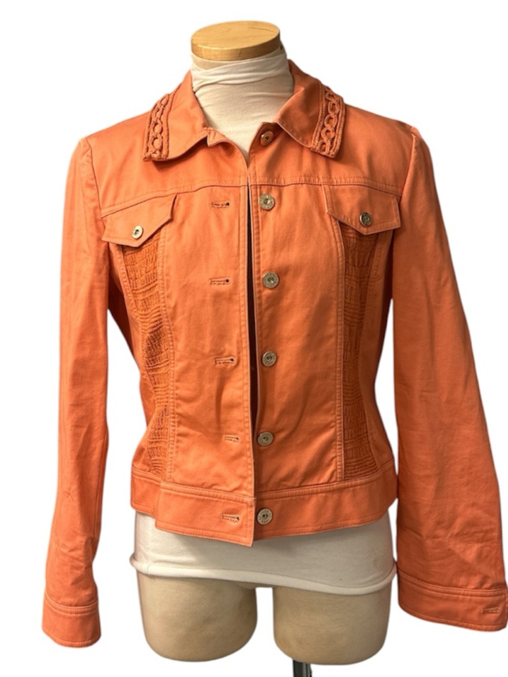 St. John Vintage Orange Button-Front Jean Jacket with Knit Applique Detail Small